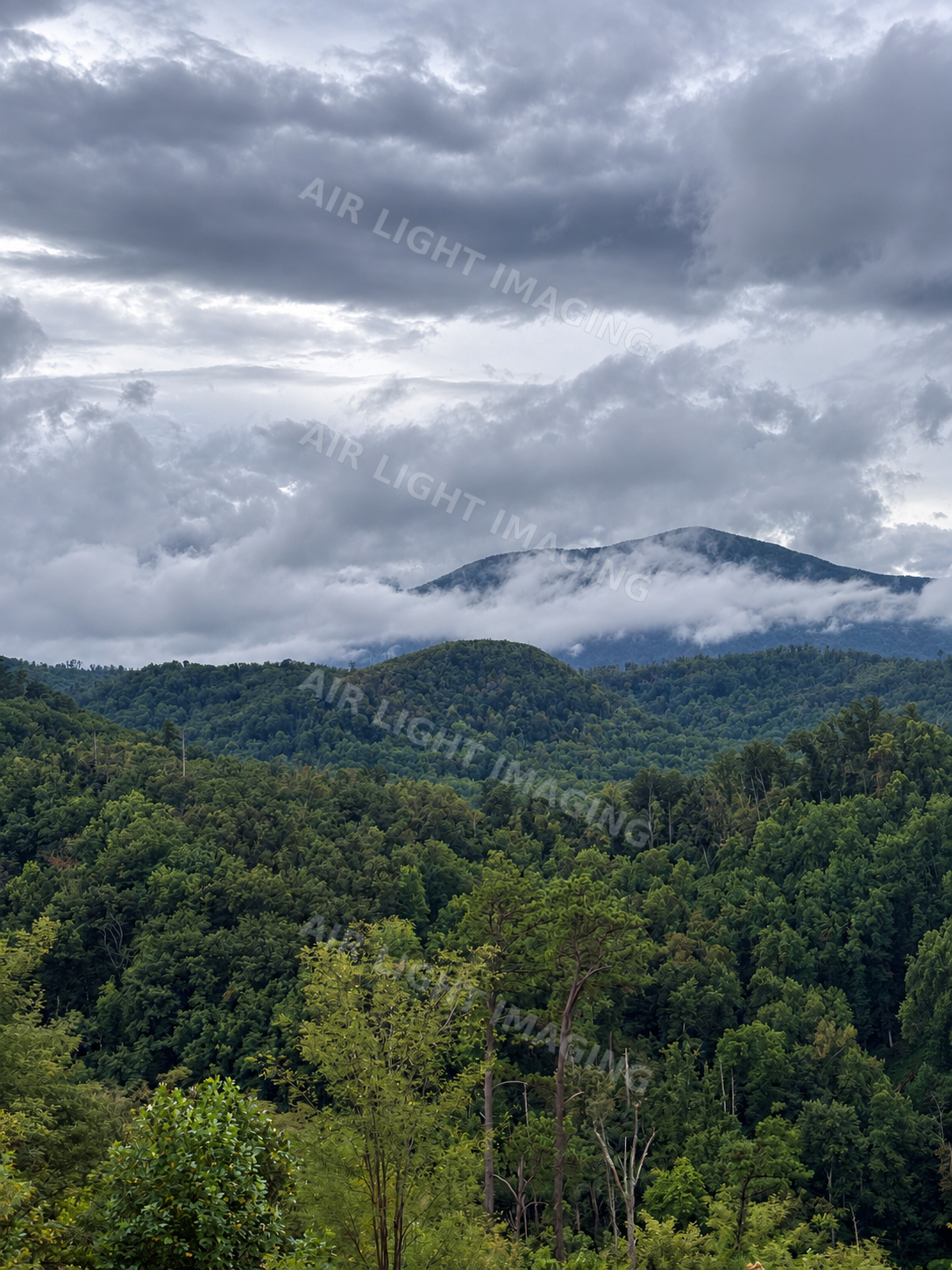Clouds and mist crossing a green mountain landscape