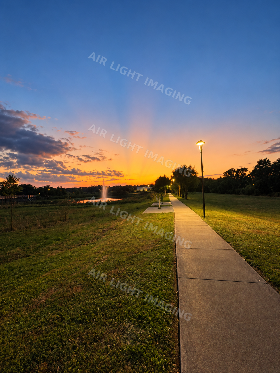 A walking path beneath a colorful sunset